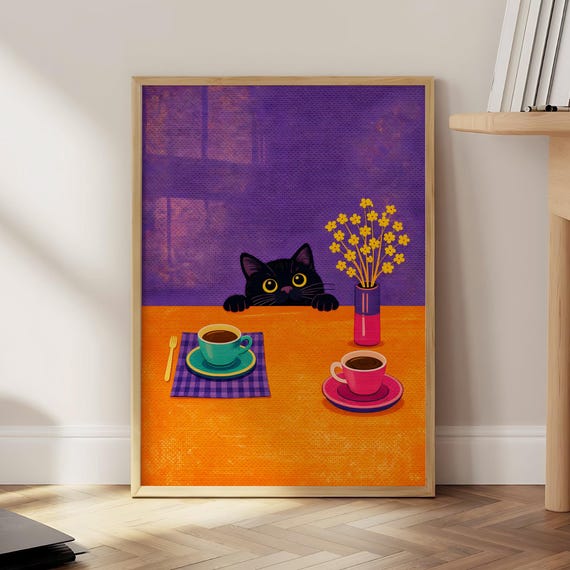Sneaky Cat Kitchen Poster Retro Coffee Wall Art Whimsical Black Print Cozy Cafe Decor Colorful Optional Frame