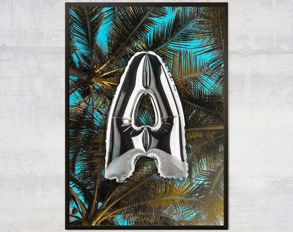 Silver Foil Balloon Letter A Tropical Palm Trees Sky Party Art Print