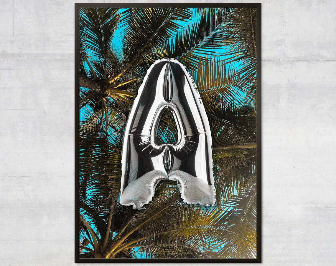 Silver Foil Balloon Letter A Tropical Palm Trees Sky Party Art Print