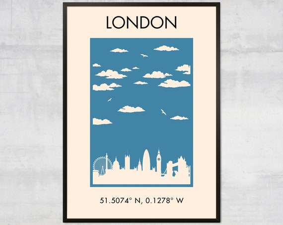 Vintage London Travel Poster, Minimalist Bohemian Skyline