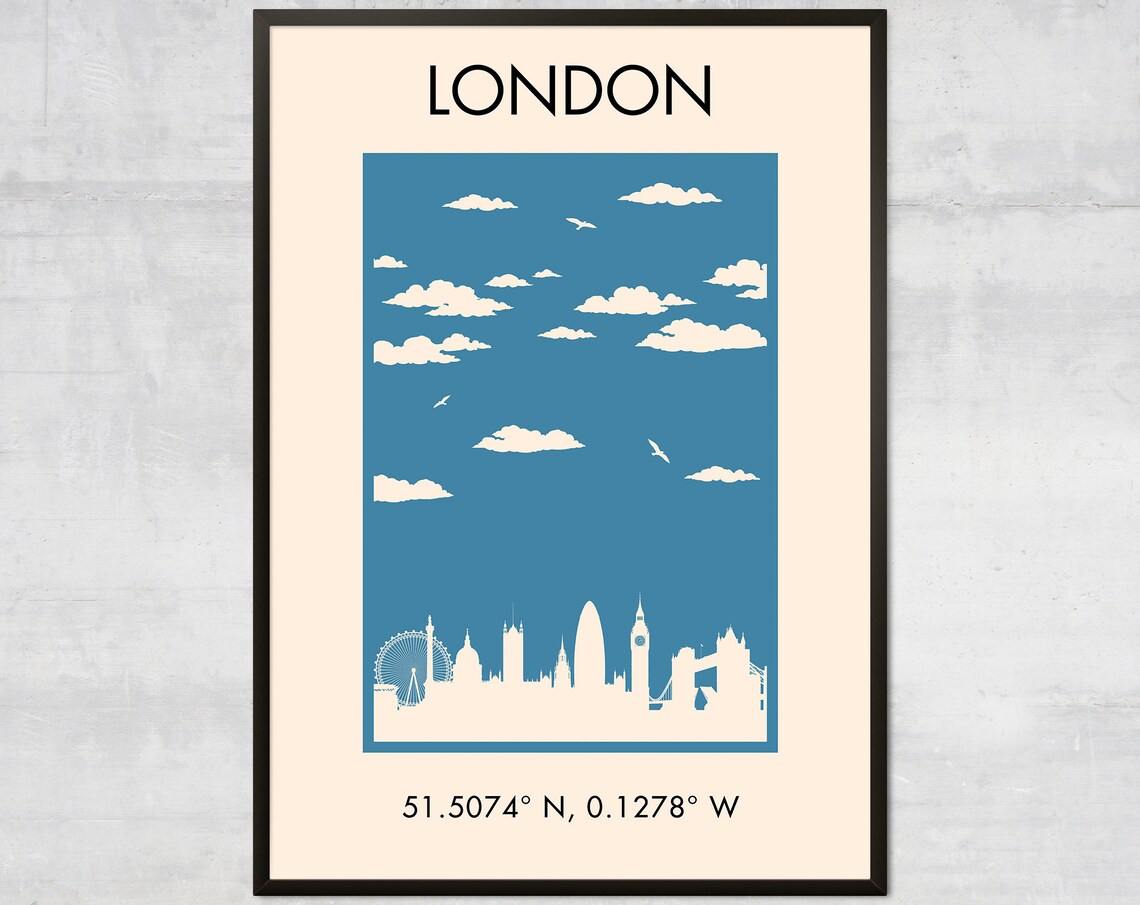 Vintage London Travel Poster, Minimalist Bohemian Skyline