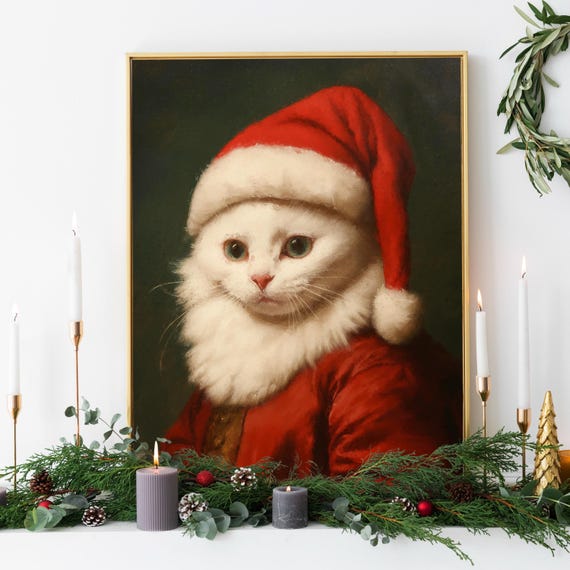 Christmas Cat Vintage Portrait Funny Wall Art Festive Animal Human Body Holidays Poster
