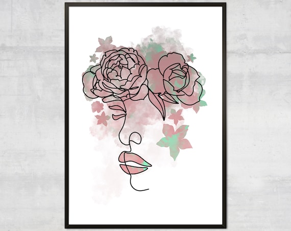 Floral Line Art Face With Watercolor Peonies Botanical Poster