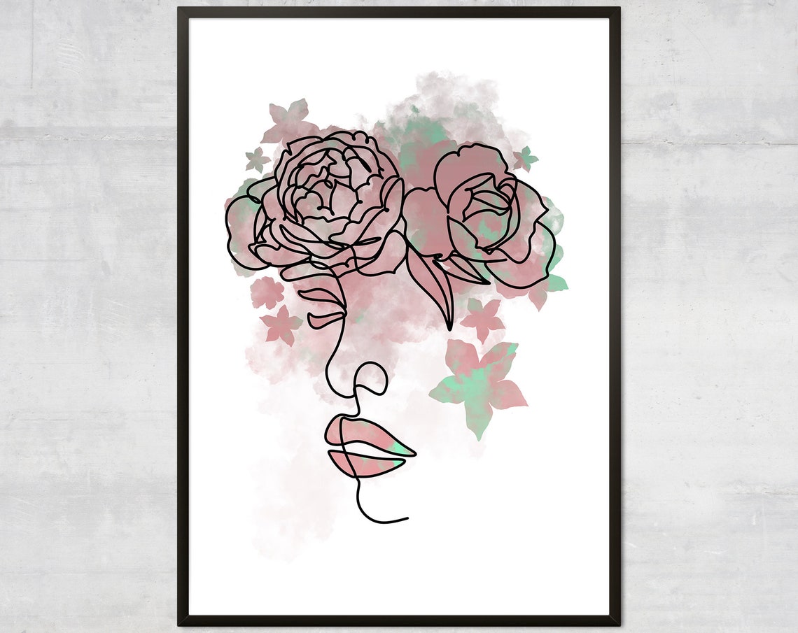 Floral Line Art Face With Watercolor Peonies Botanical Poster