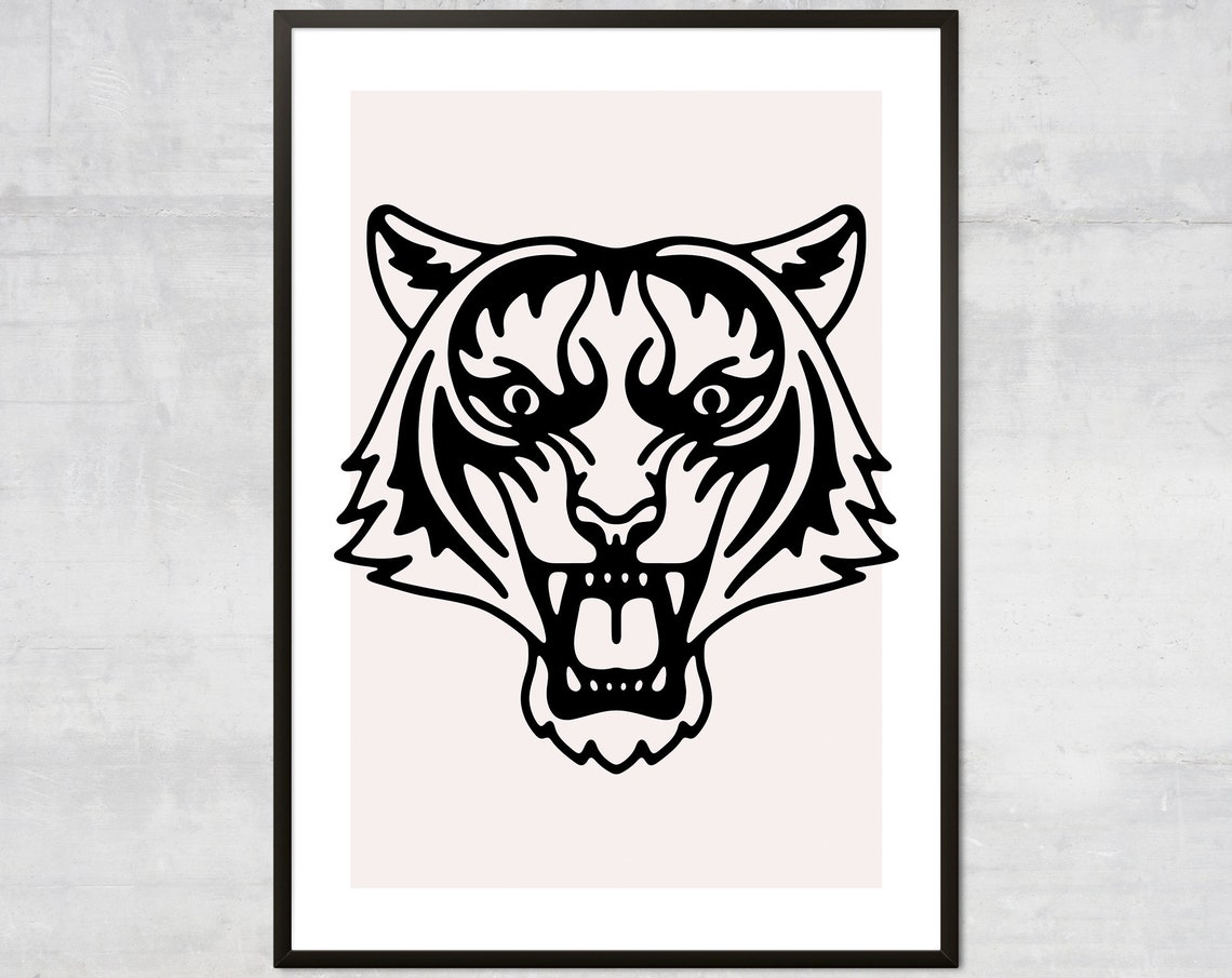 Roaring Tiger Head Black Line Art Bold Minimalist Animal Poster