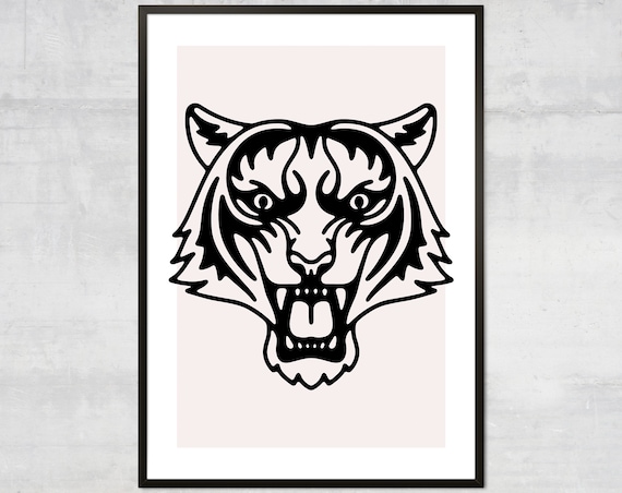Roaring Tiger Head Black Line Art Bold Minimalist Animal Poster