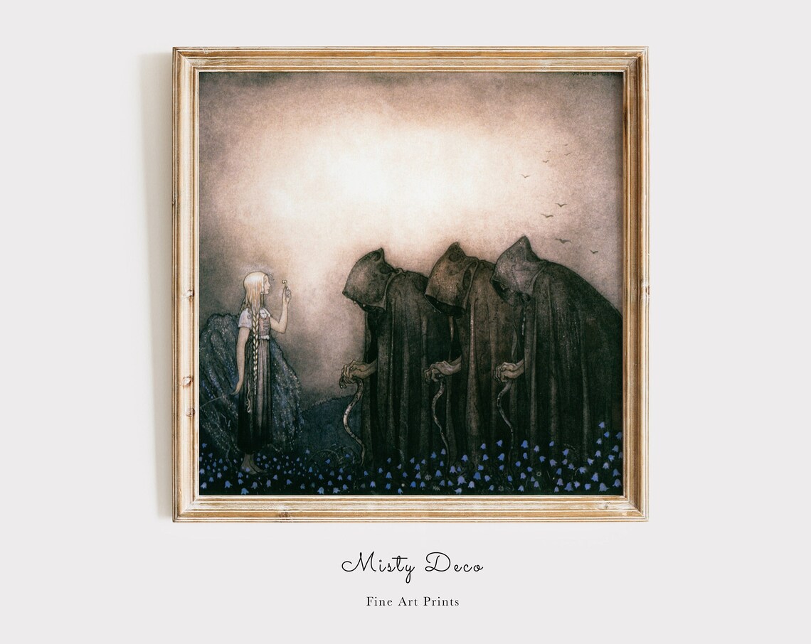 John Bauer Fairytale Girl Facing Hooded Dark Forest Figures Poster