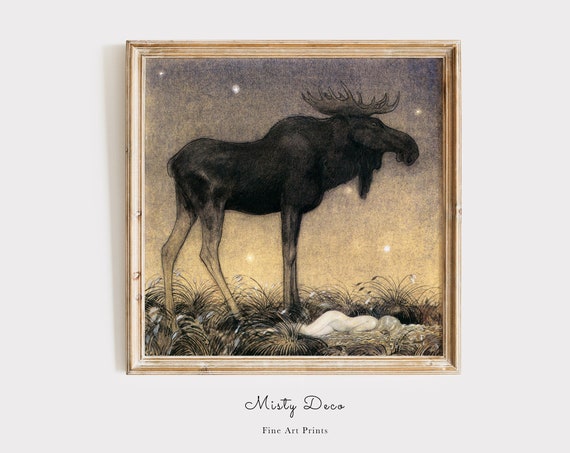 Princess and Moose Vintage Art Print by John Bauer
