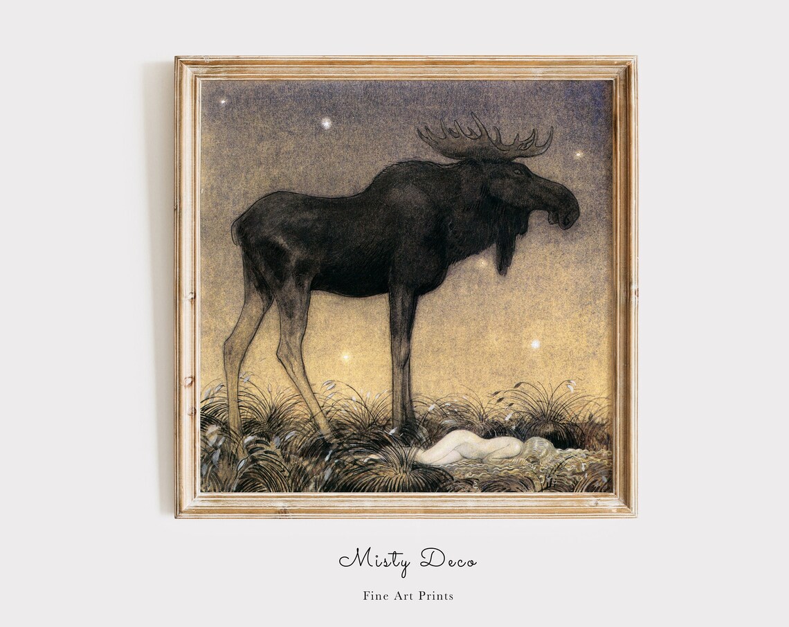 Princess and Moose Vintage Art Print by John Bauer