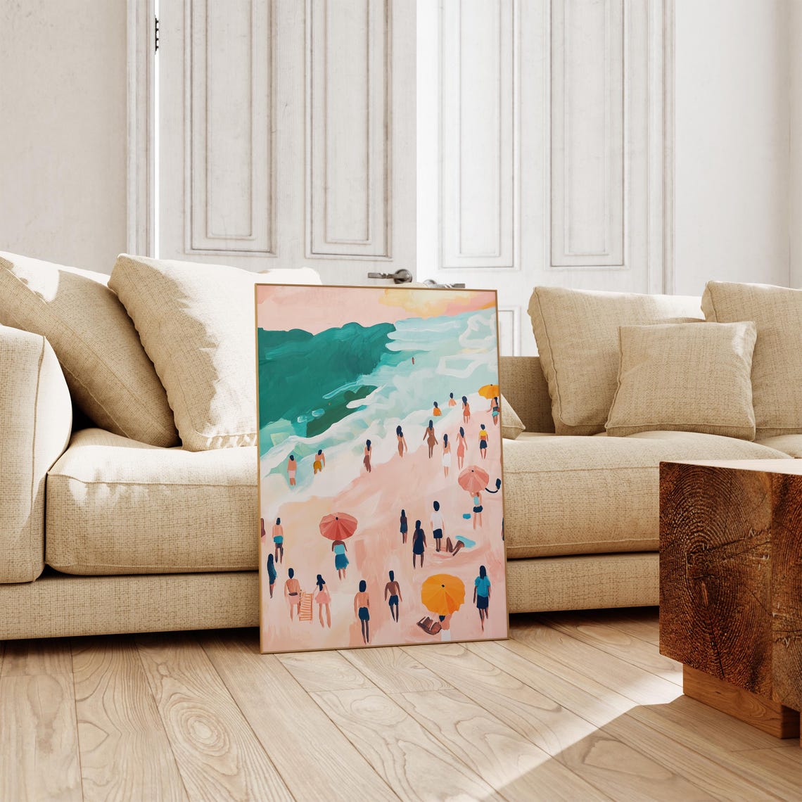 Pastel Beach Day Painting Crowded Shore Summer Art Wall Poster - Image 3