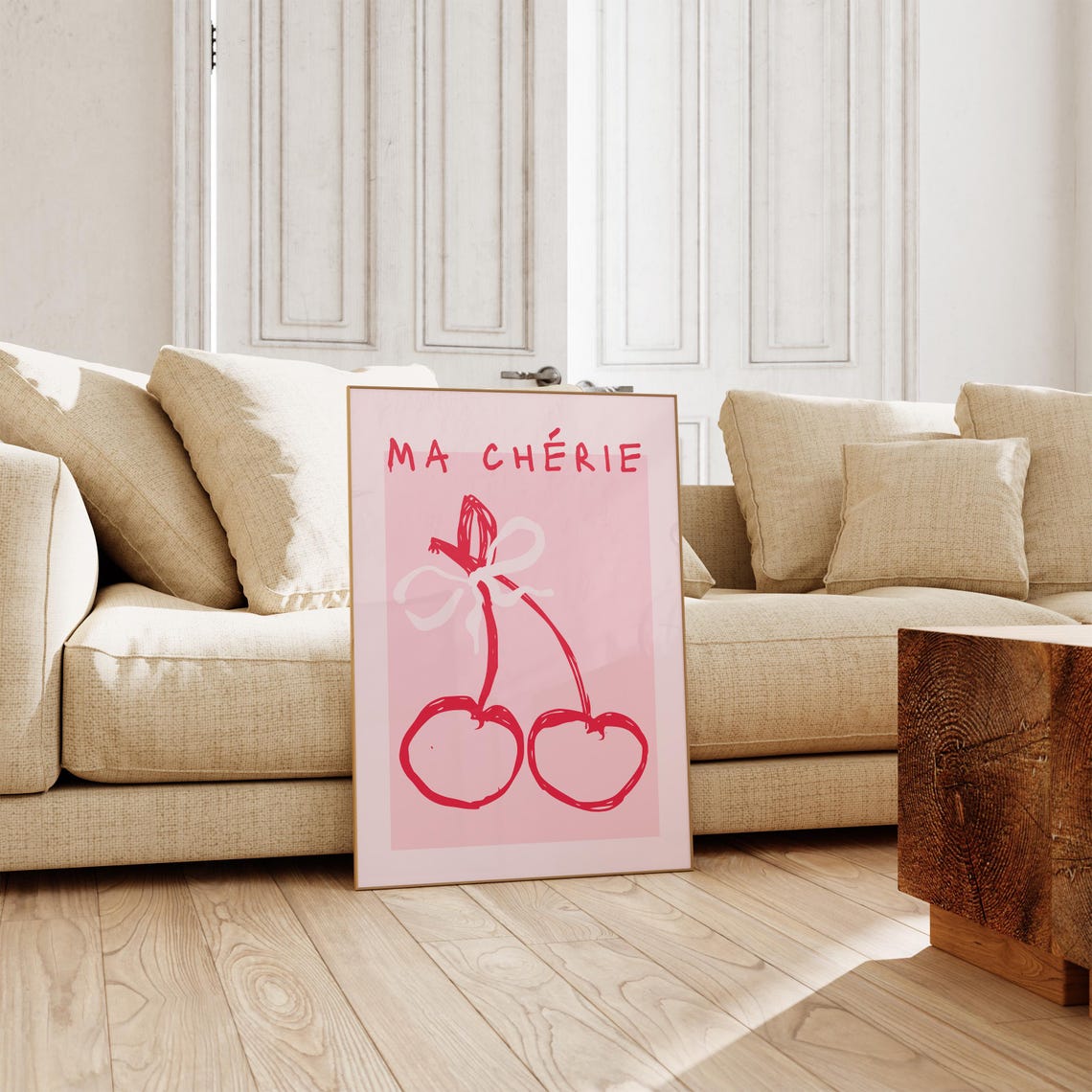 Ma Cherie Pink Cherry Bow Hand Drawn Line Art Coquette Poster - Image 2