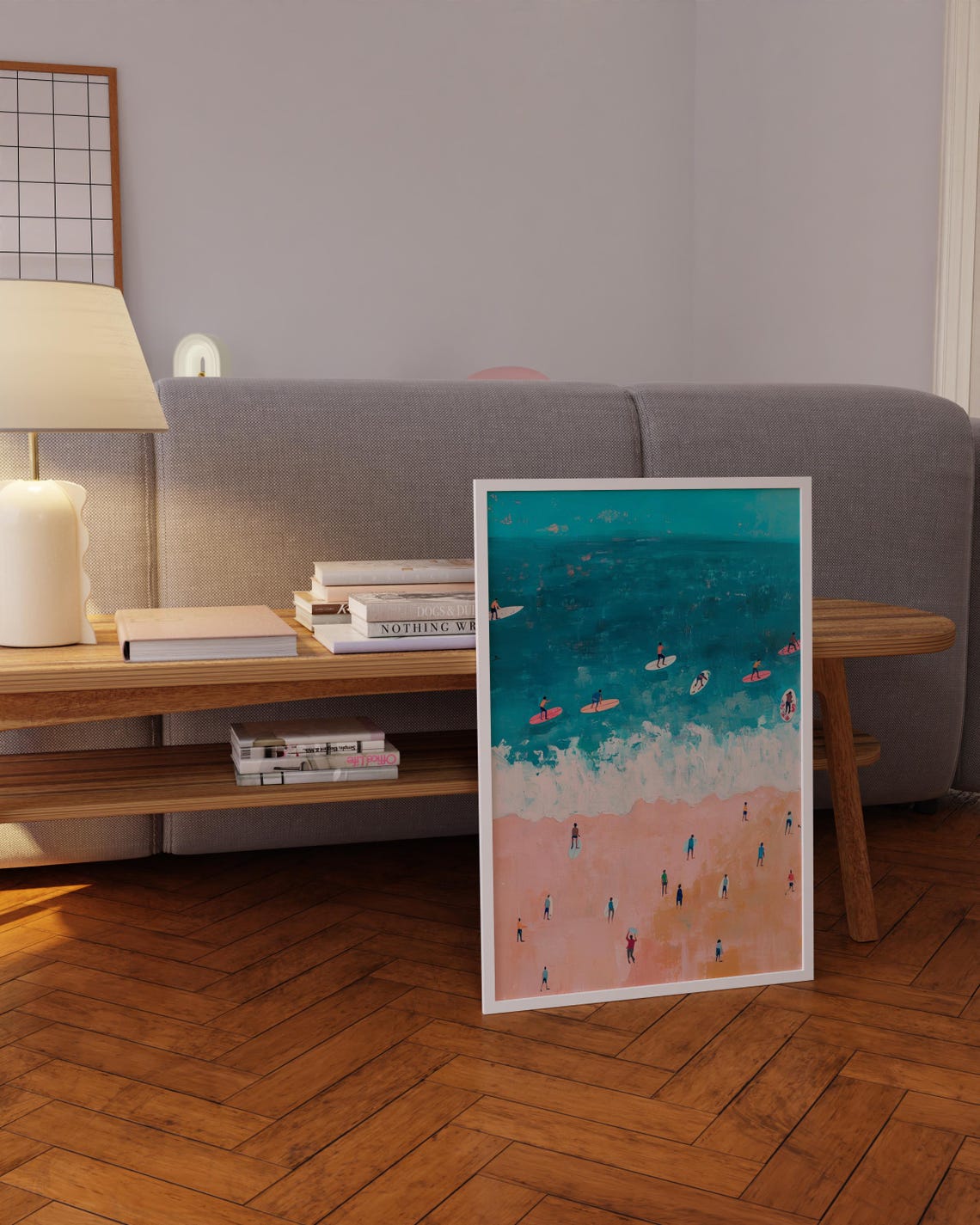 Aerial Surf Beach Painting Poster Surfers Pink Sand Ocean Decor Art - Image 5