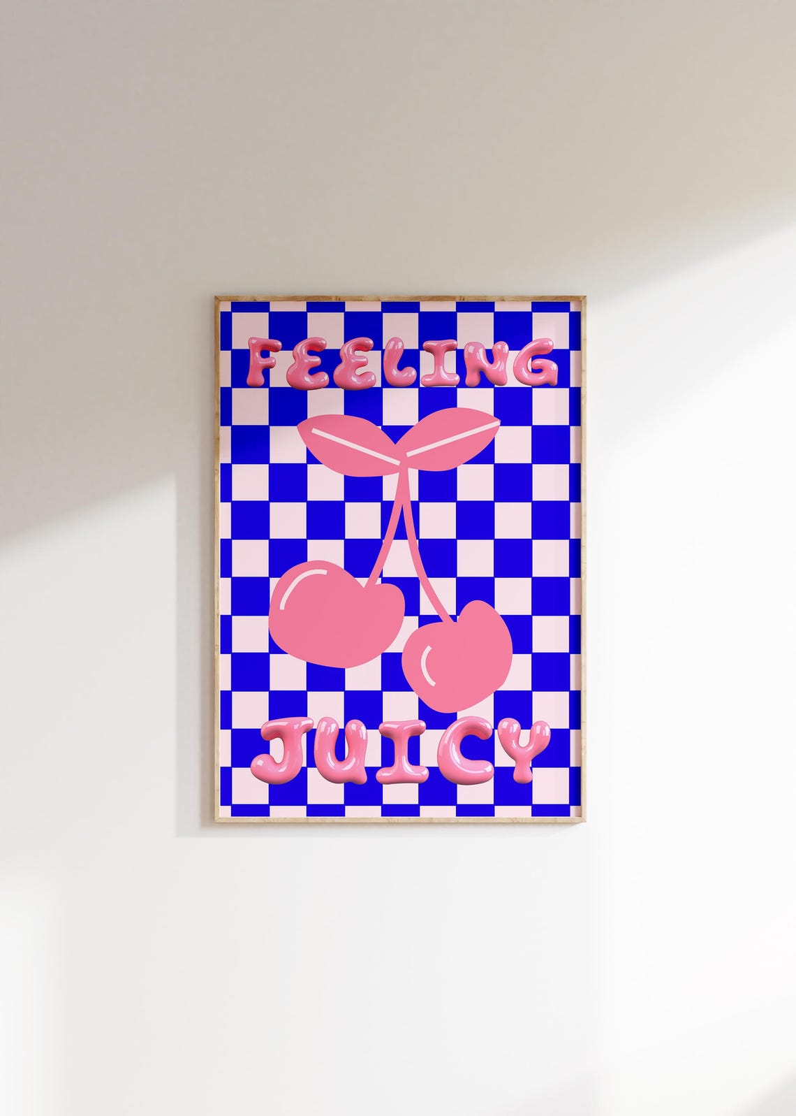 Feeling Juicy Cherry Bubble Letters Blue Checkerboard Retro Poster - Image 3