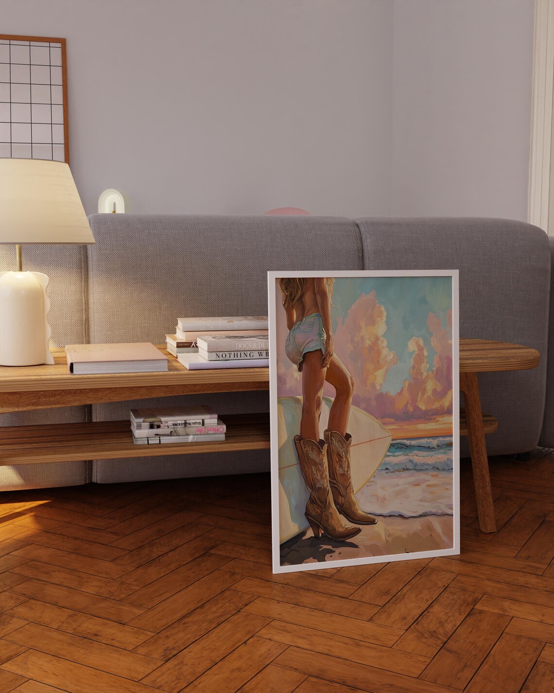 Cowgirl Boots Surfboard Sunset Beach Western Coastal Art Poster - Image 5
