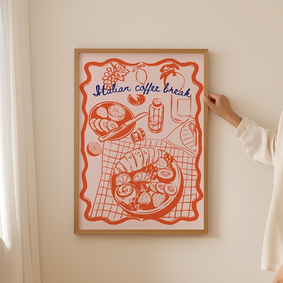 Italian Coffee Break Orange Line Art Croissant Kitchen Poster