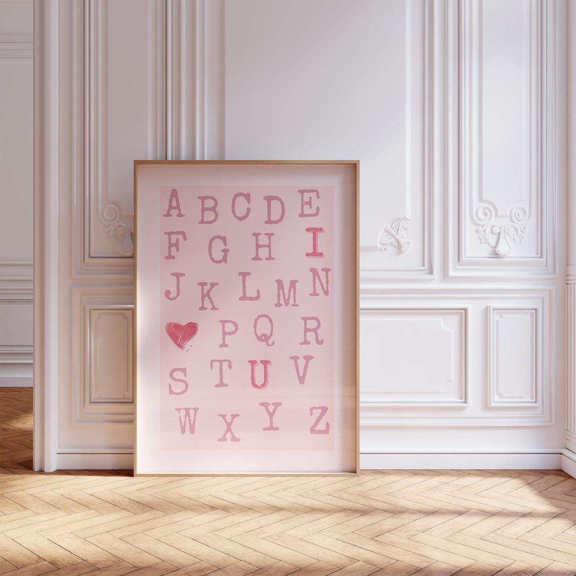 Pink Alphabet Poster Typewriter Letters Heart Nursery Wall Decor Art