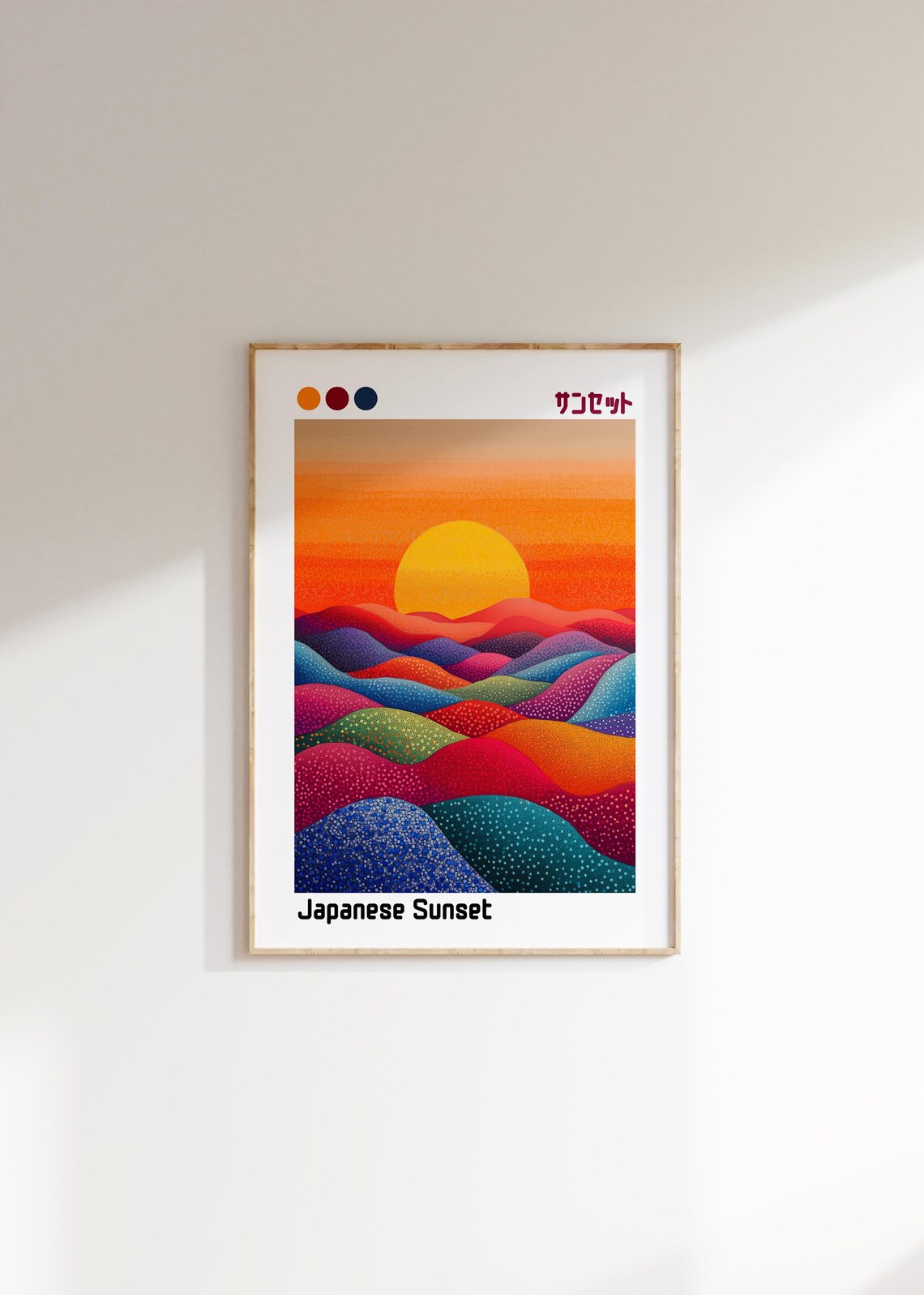 Japanese Sunset Orange Sun Dotted Waves Vibrant Landscape Art Poster - Image 2