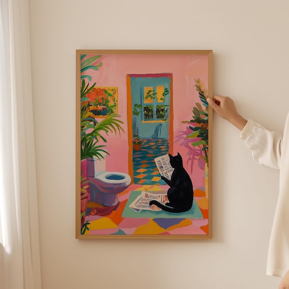 Black Cat Reading Newspaper on Pink Bathroom Toilet Funny Poster