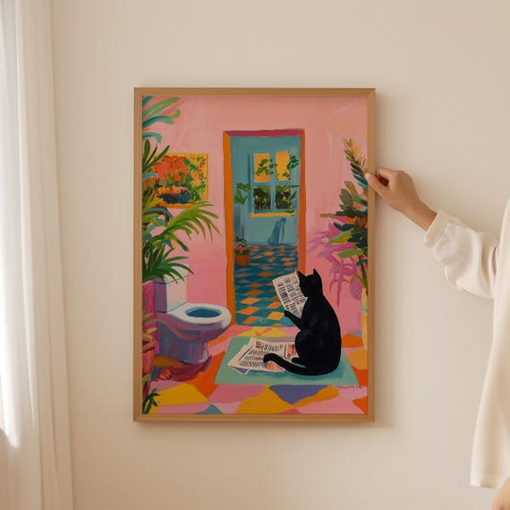 Funny Bathroom Cat Print Trendy Wall Art For Funky Decor Dopamine Lovers Toilet Poster As Themed Gifts
