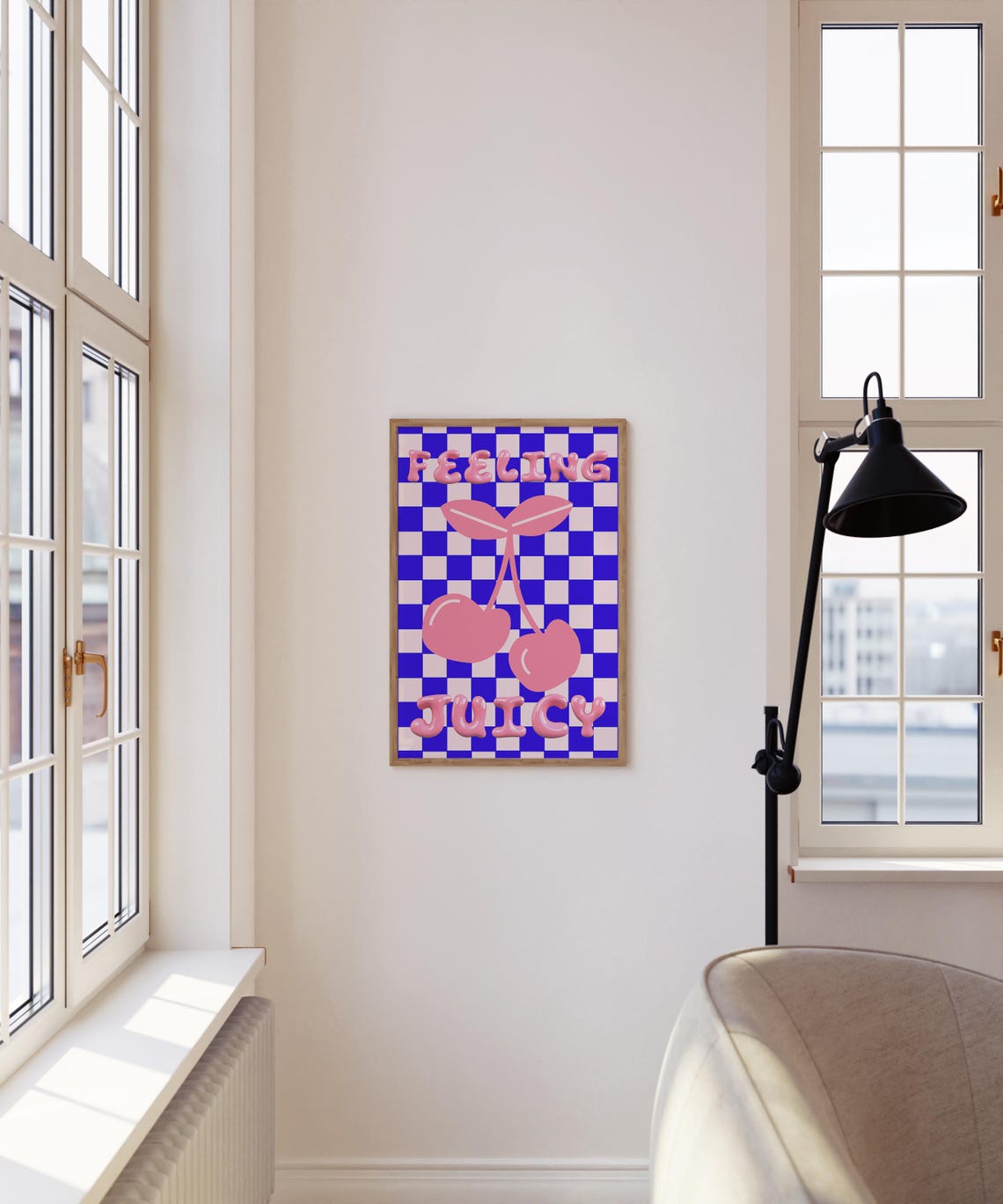 Feeling Juicy Cherry Bubble Letters Blue Checkerboard Retro Poster - Image 4