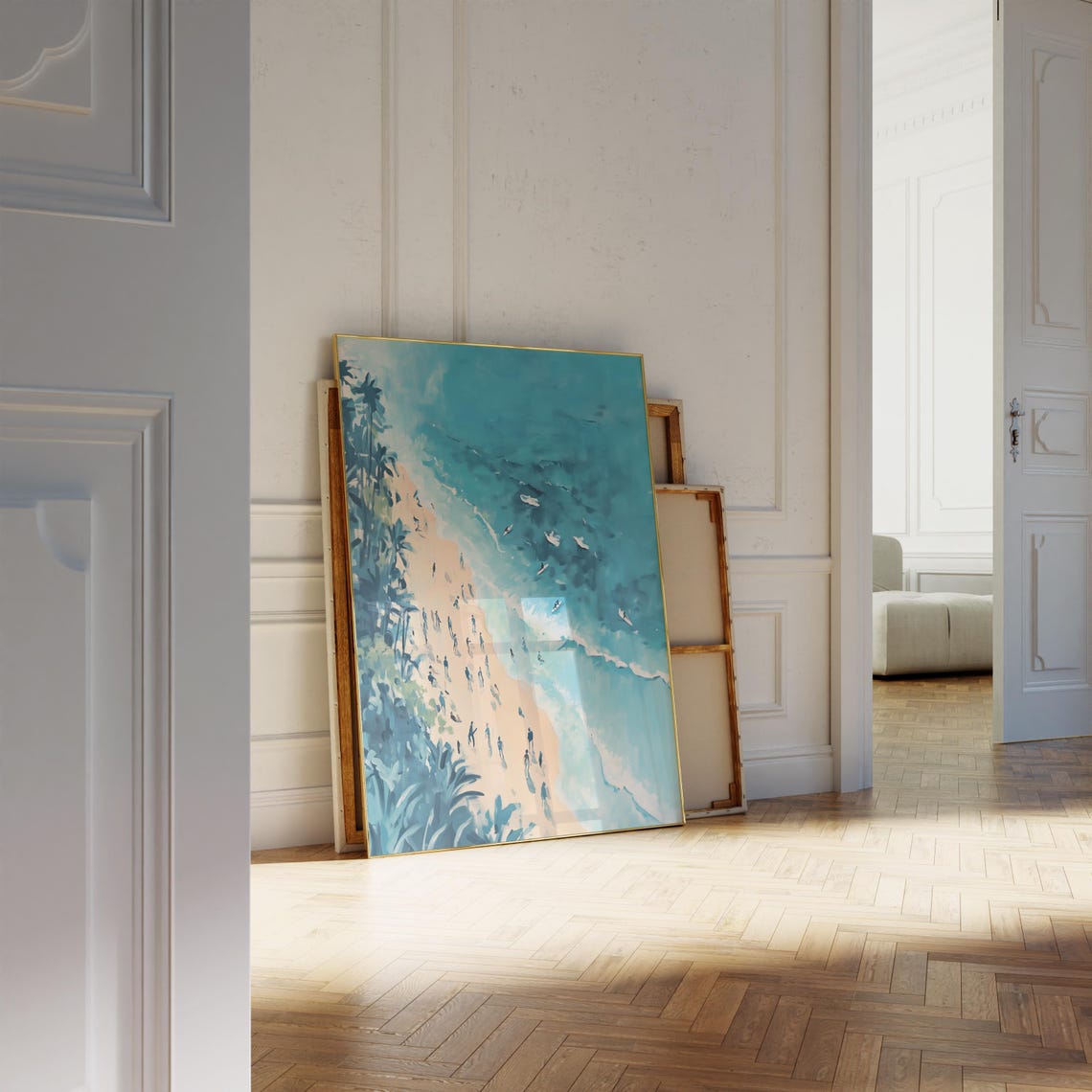 Aerial Beach Crowd Painting Palm Trees Turquoise Summer Poster - Image 2