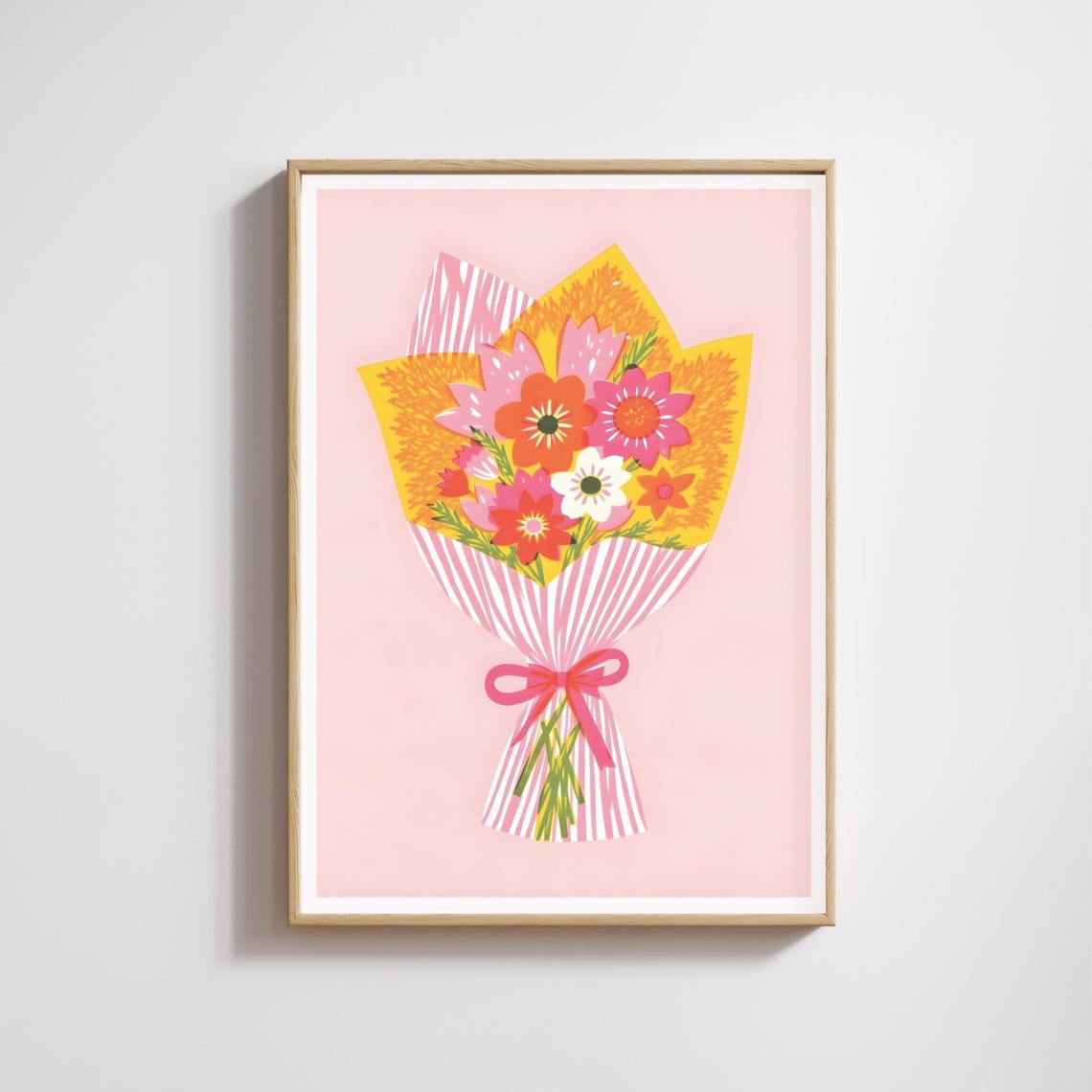 Pink Floral Bouquet in Striped Paper Riso Style Botanical Poster