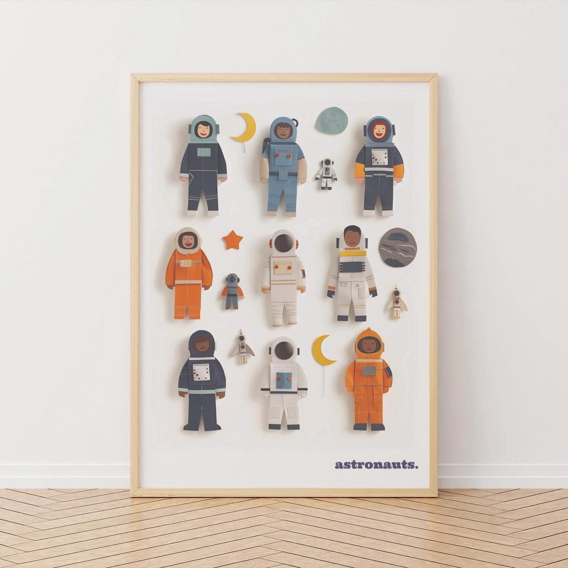 Colorful Astronauts Space Art Print, Kids Room Decor