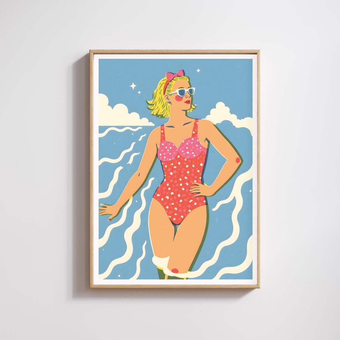 Retro 1950s Pinup Girl in Pink Swimsuit Beach Pop Art Poster