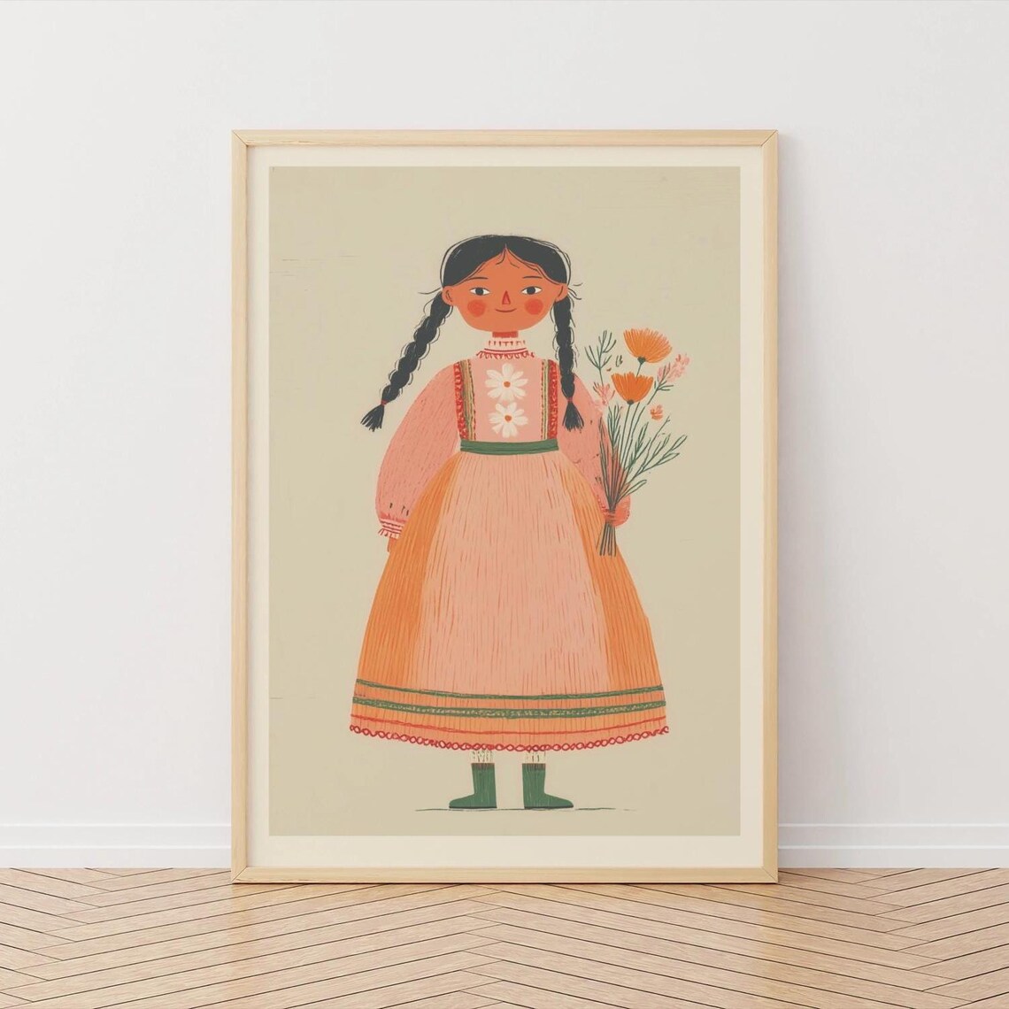 Scandinavian Flower Girl with Braids Holding Wildflowers Nordic Art Poster