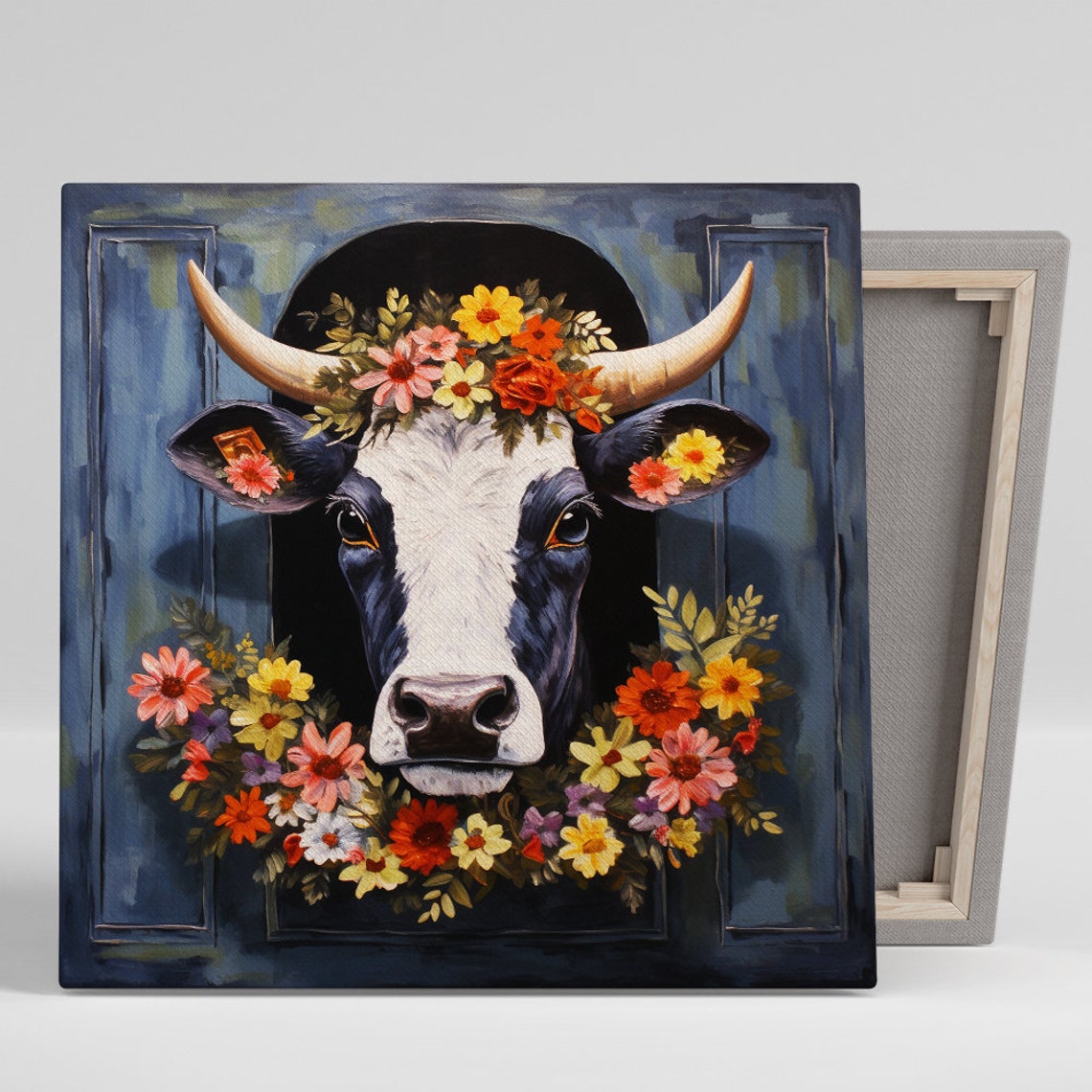 Cow With Floral Crown In Barn Door Blue Farmhouse Wall Poster