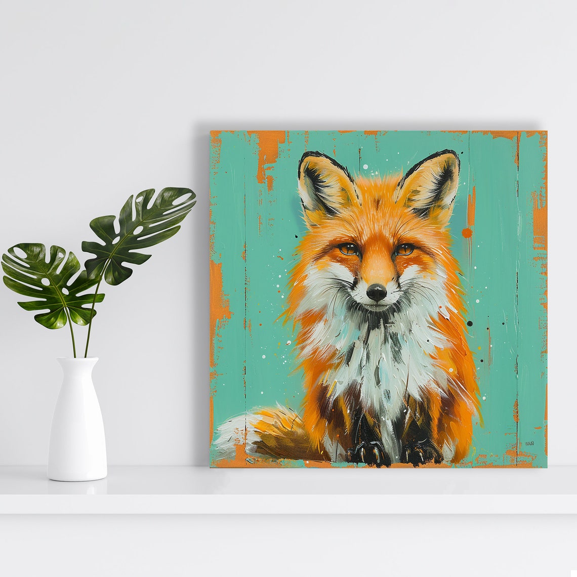 Red Fox Portrait Teal Rustic Background Painterly Wildlife Wall Art - Image 2