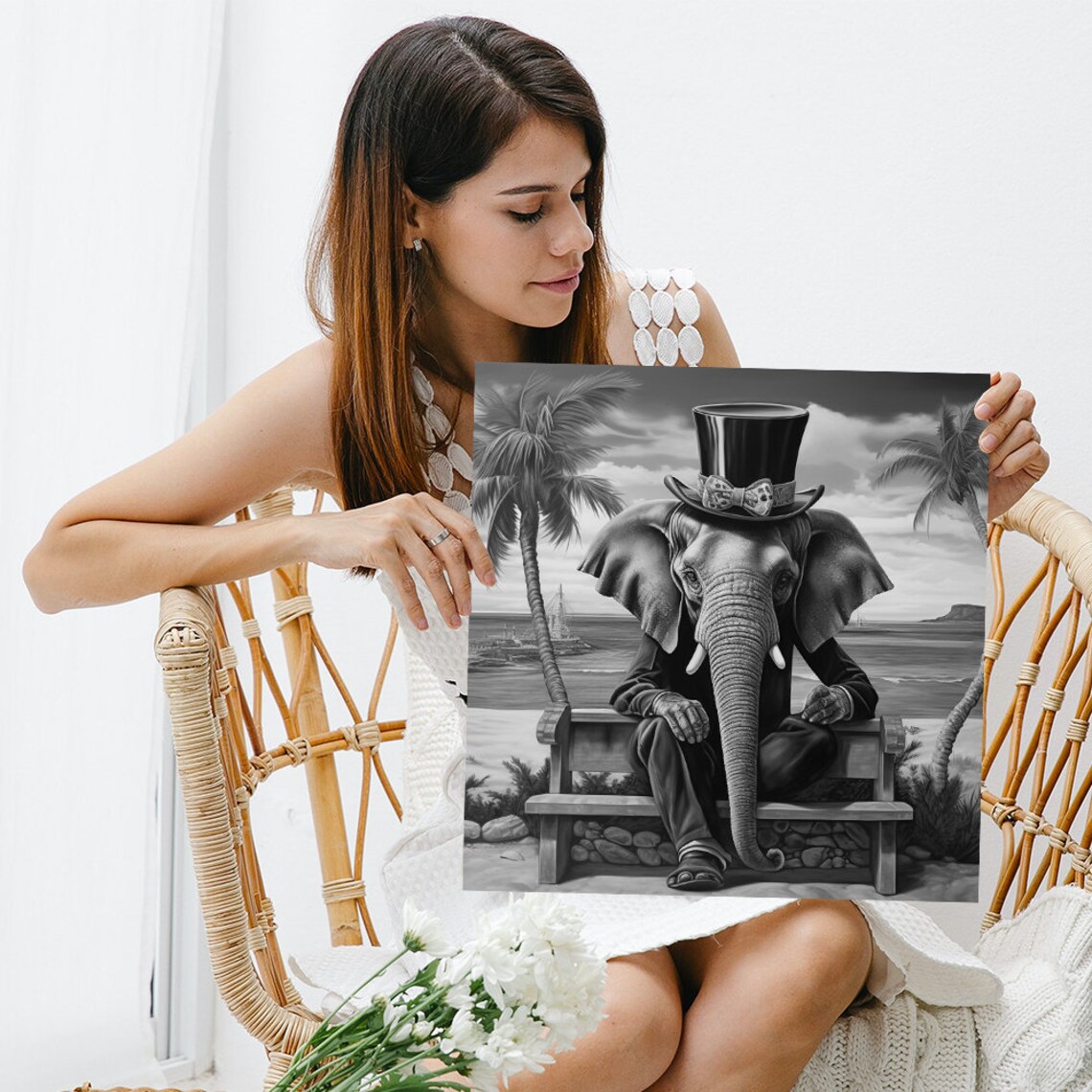 Dapper Elephant In Top Hat On Beach Bench Black And White Surrealist Poster - Image 3