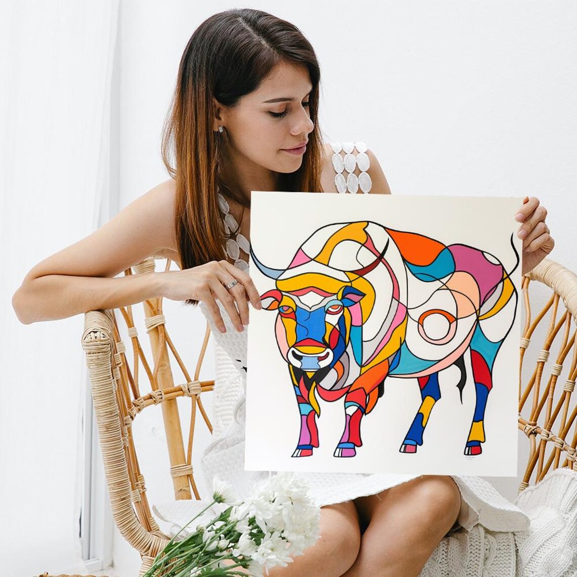 Abstract Bull Line Art Colorful Minimalist Modern Farm Animal Poster - Image 3