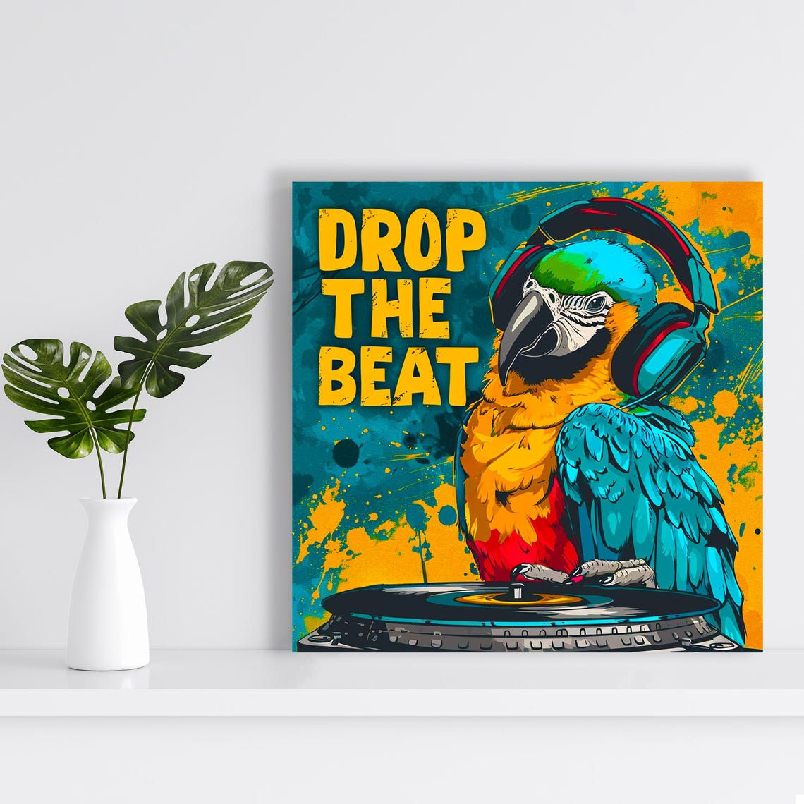 Parrot DJ Drop The Beat Headphones Turntable Pop Music Animal Poster - Image 2