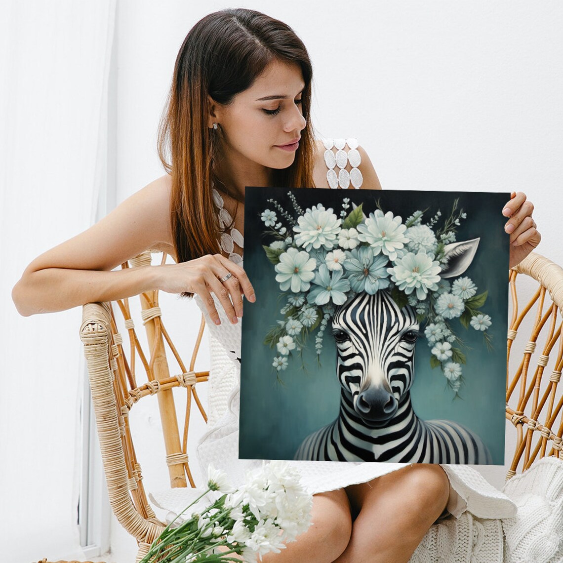 Zebra Flower Crown White Floral Elegant Dark Teal Animal Poster - Image 3