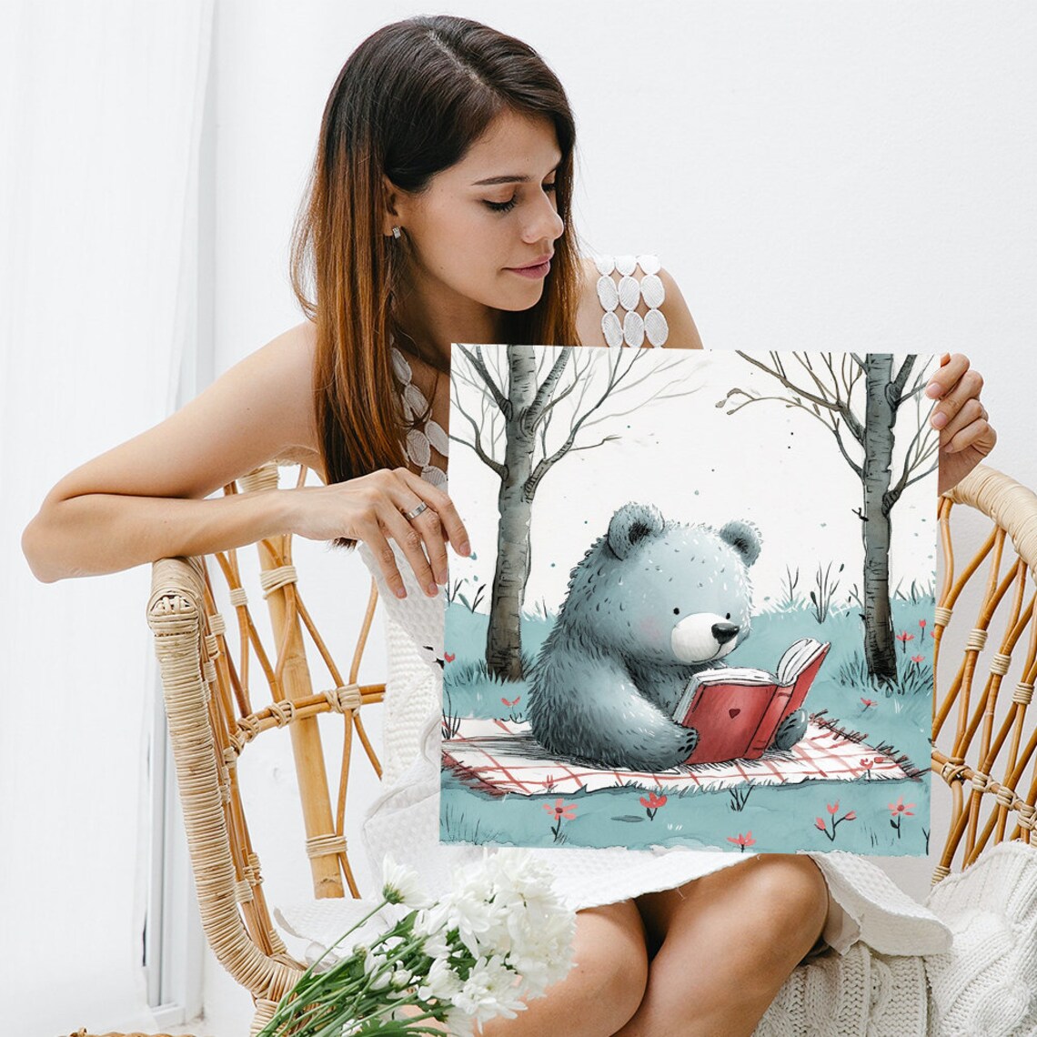Cute Bear Cub Reading Red Book On Picnic Blanket Watercolor Kids Art Print - Image 3