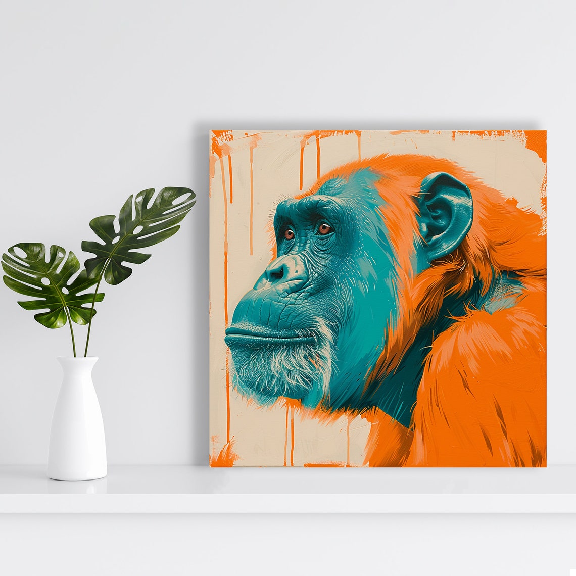 Chimpanzee Portrait Teal Orange Drip Paint Modern Art Wall Poster - Image 2