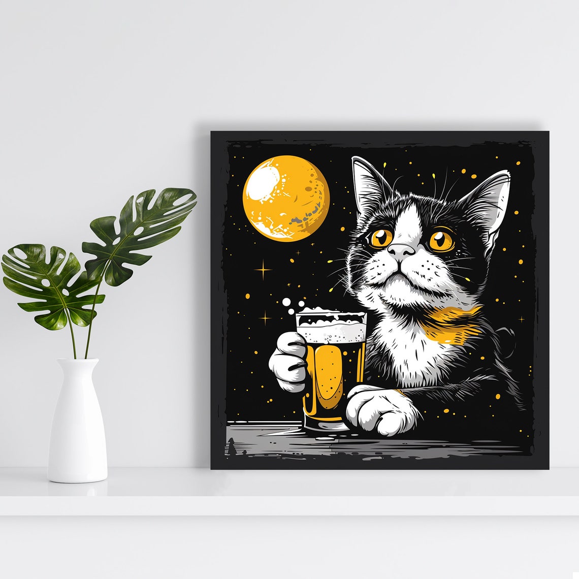 Cat Holding Beer Glass Full Moon Night Starry Pop Art Funny Poster - Image 2