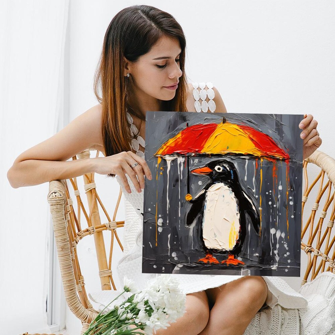 Rainy Day Penguin With Colorful Umbrella Oil Painting Animal Poster - Image 3