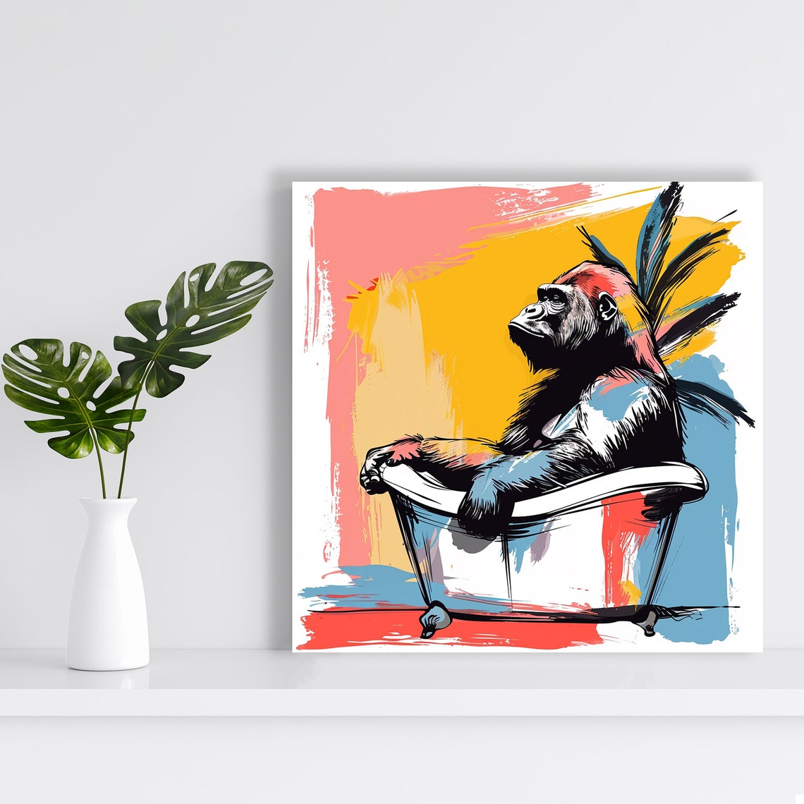 Gorilla Bathtub Pop Art Splash Poster Bold Yellow Pink Blue Decor - Image 2
