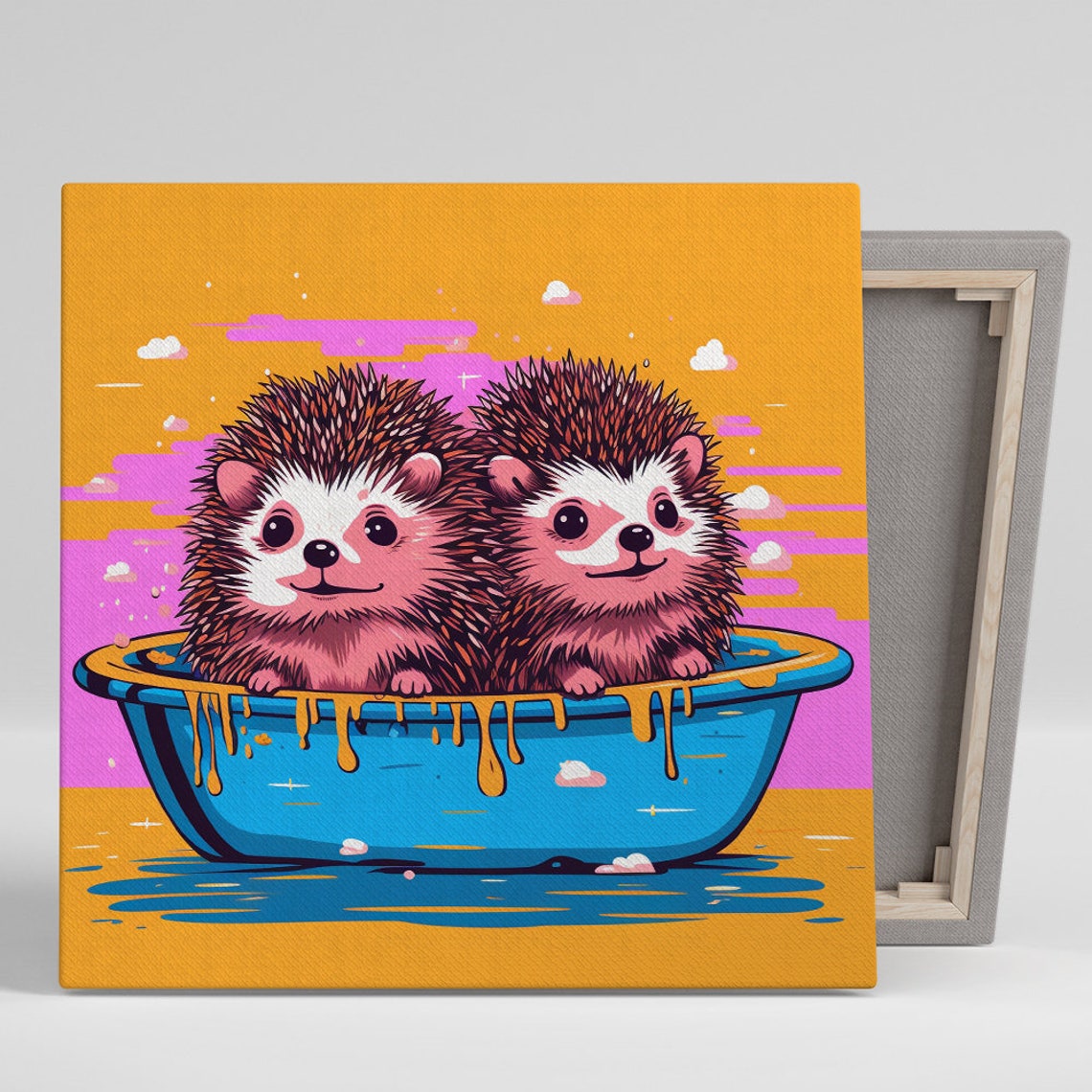 Cute Hedgehog Duo Bathing in Blue Tub Sunset Pop Art Bathroom Poster