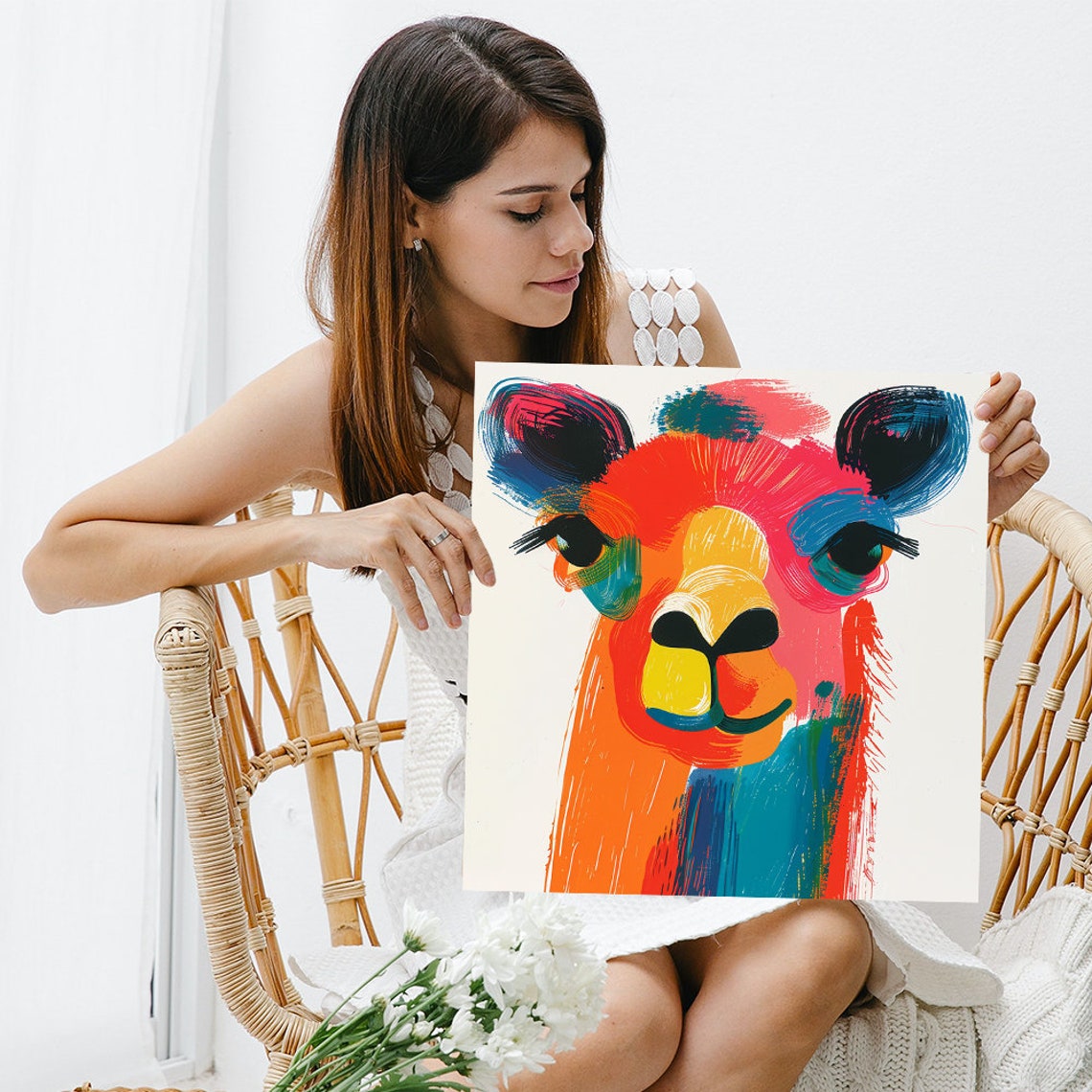 Colorful Llama Face Red Orange Blue Bold Brushwork Art Poster - Image 3