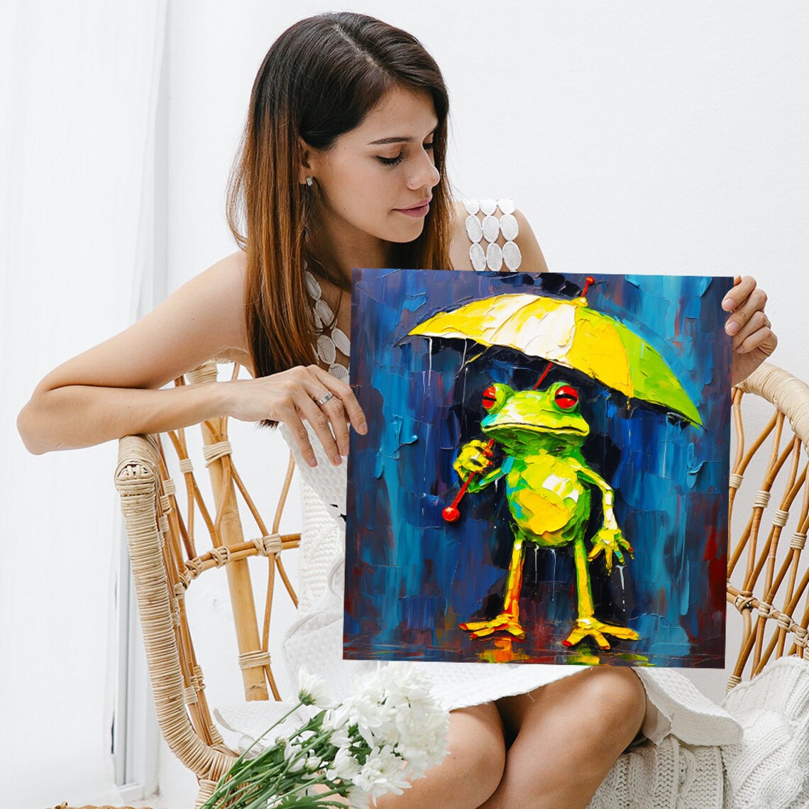 Frog Holding Yellow Umbrella in Rain Impasto Painting Poster - Image 3