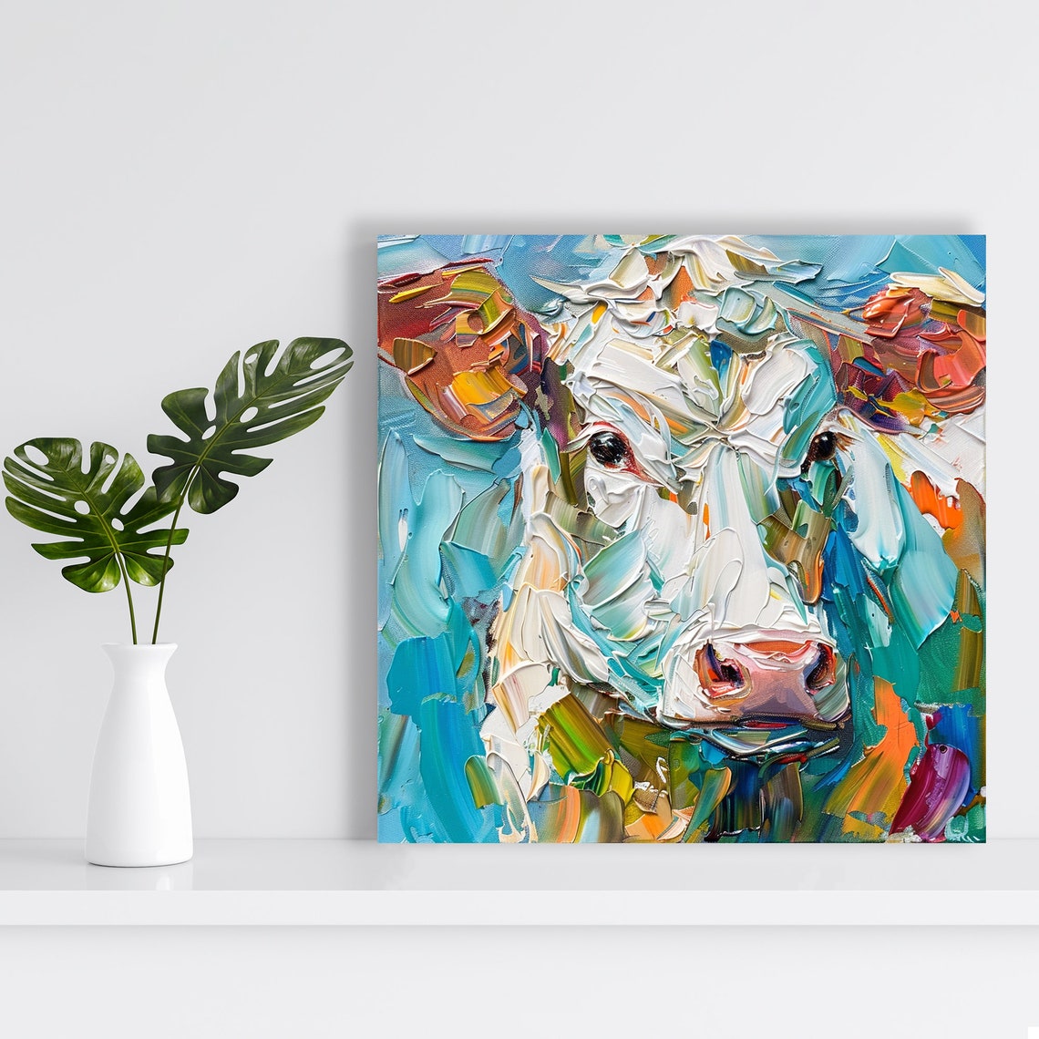 Colorful Impasto Cow Face Turquoise Orange Textured Modern Farm Poster - Image 2