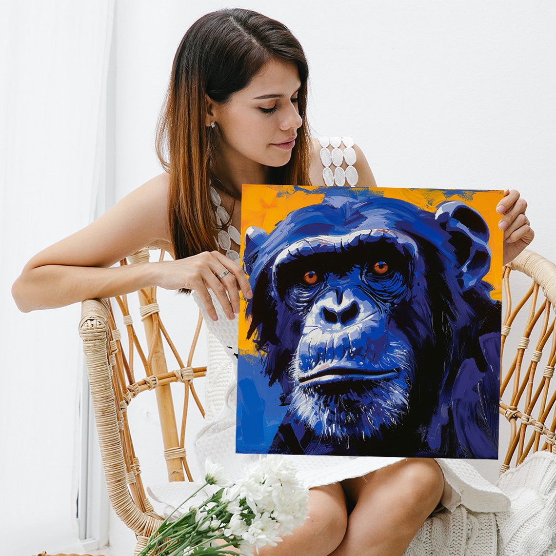 Blue Chimpanzee Pop Art Face Striking Orange Backdrop Poster - Image 3