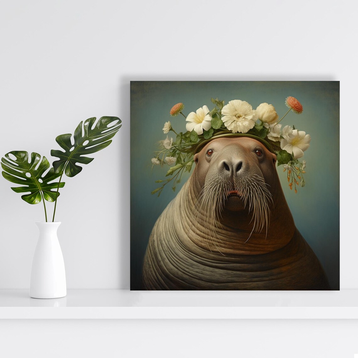Walrus Wearing Floral Crown Vintage Style Animal Wall Art Decor Poster - Image 2
