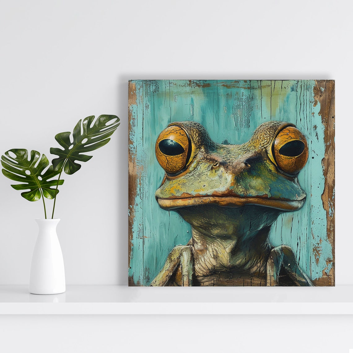 Big Eyed Frog Portrait On Distressed Turquoise Wood Rustic Art Poster - Image 2