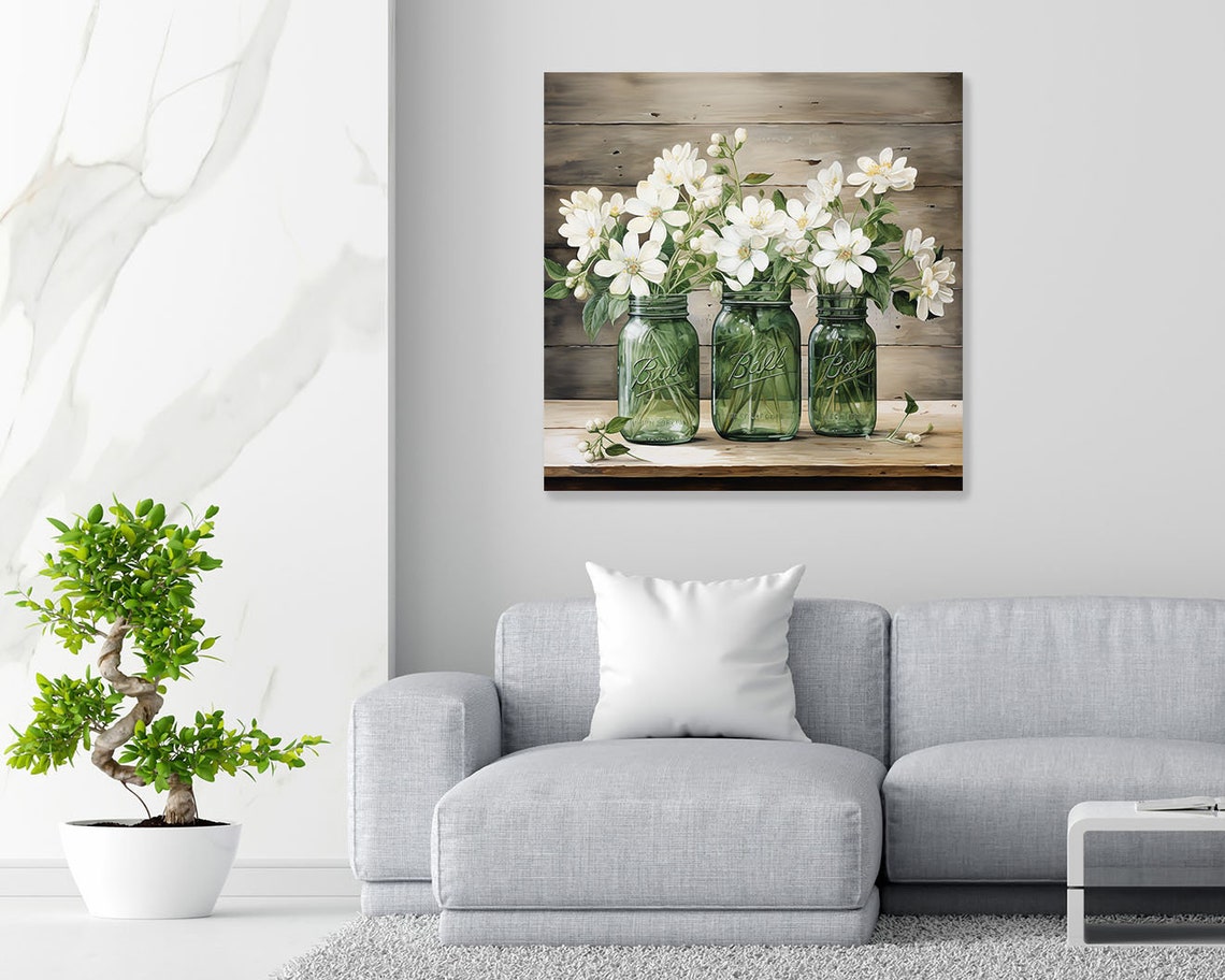White Flowers Mason Jars Rustic Wood Farmhouse Botanical Poster - Image 2
