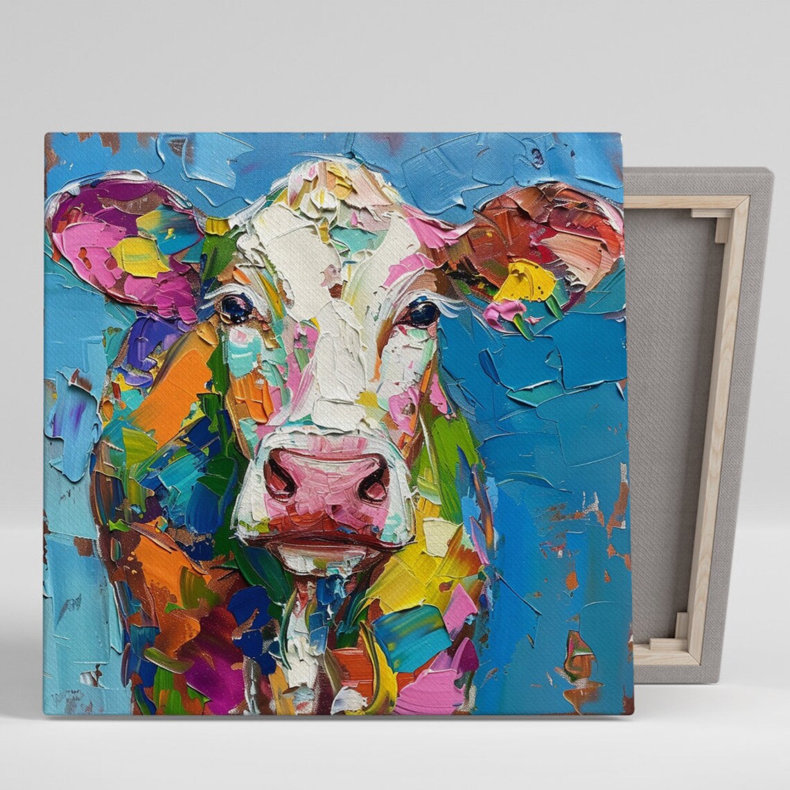 Colorful Cow Portrait Impasto Pink Blue Orange Textured Farm Poster