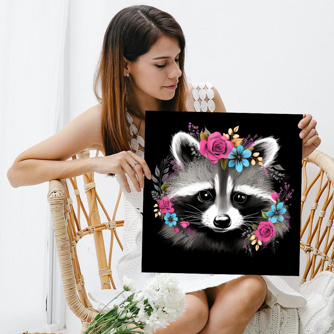 Floral Raccoon Fantasy Art Or Poster Whimsical Animal Decor Living Room Bedroom Nursery Art Pink Blue Black White Raccoon Decor - Image 3